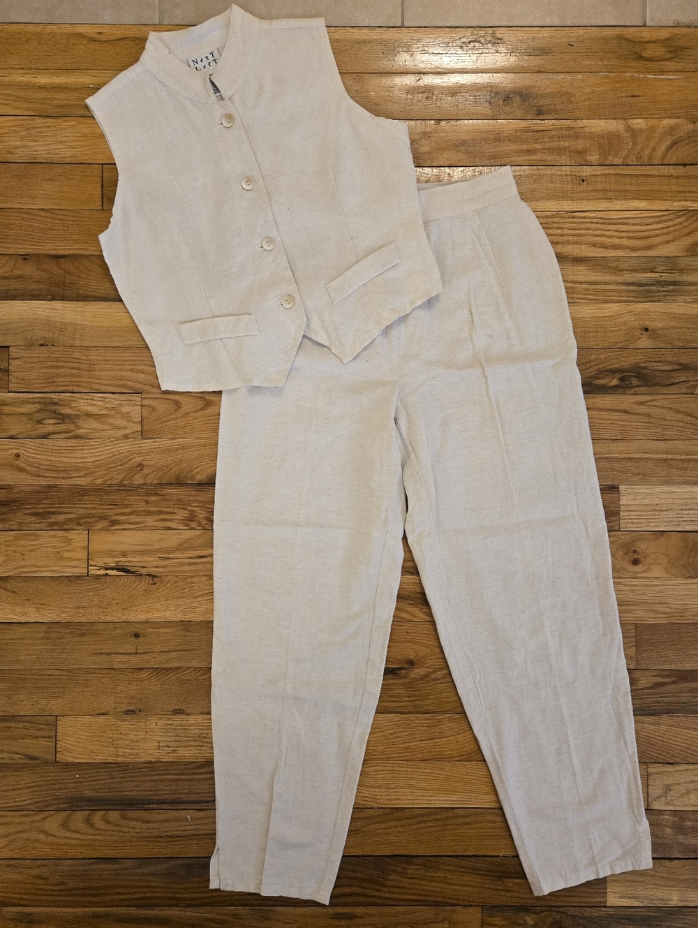 Vintage Linen Matching Set Beige Cream Tank & Wide Leg Pants Minimal Coastal XS